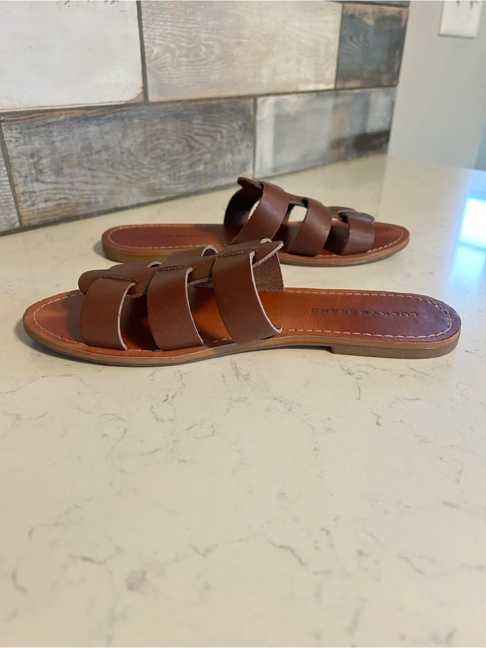 🍀 Lucky Brand Aisha Dark Leather Woven Slide Sandals In Dark Brown